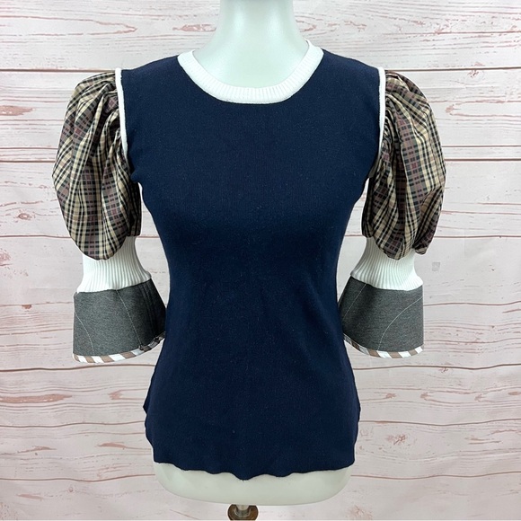 Modcloth Madras Plaid Colorblock Puff Sleeve Sweater - Picture 1 of 9